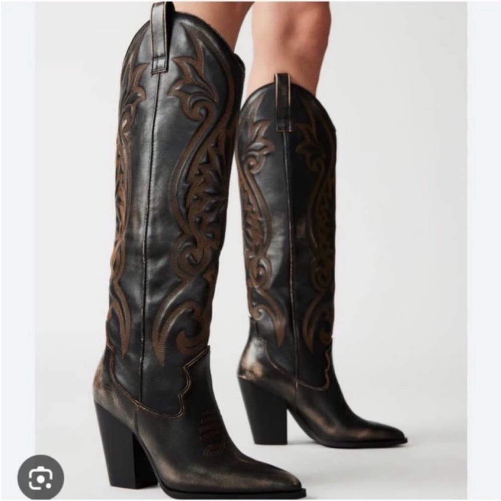 Steve Madden Black and Brown Cowboy Boots Size 5